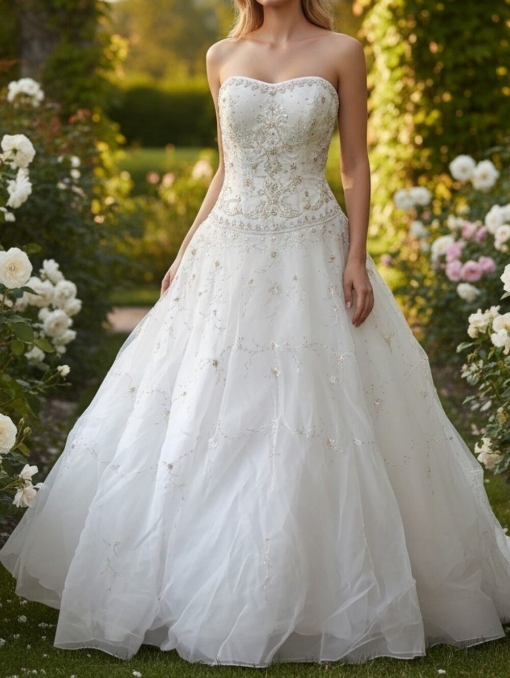 Oleg Cassini White Strapless Gold And Silver Beaded Ball Gown  Womens Size 10